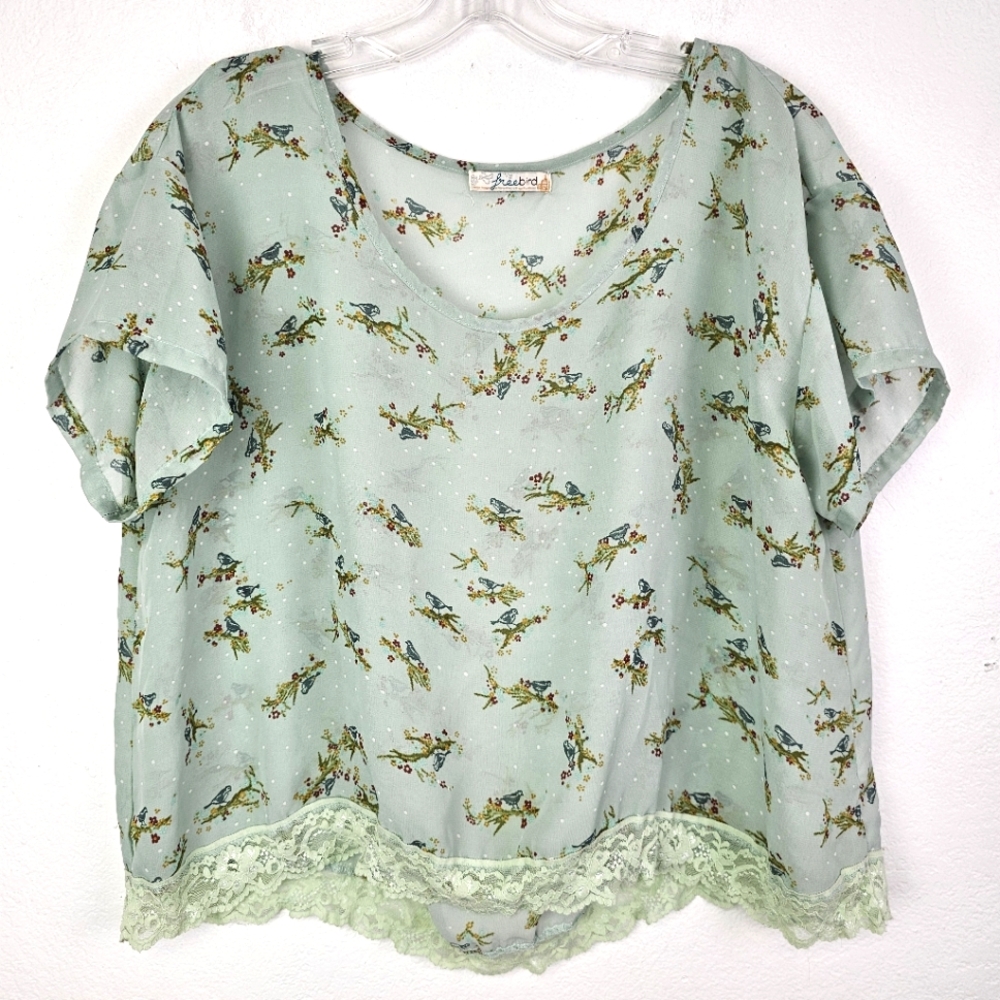 Freebird Blouse Pastel Green Sheer Bird Print Lace Hem Feminine Fairycore Boho